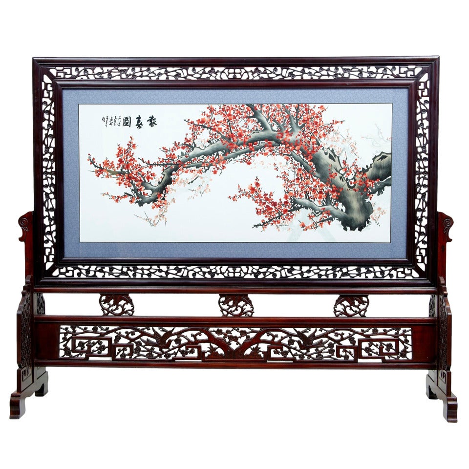 Impressive Chinese Suzhou Silk Embroidery in Carved Hardwood Frame and Stand