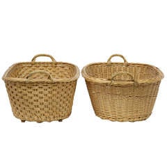 Antique Two Early 20th Century Hand Woven Laundry Log Baskets Bins