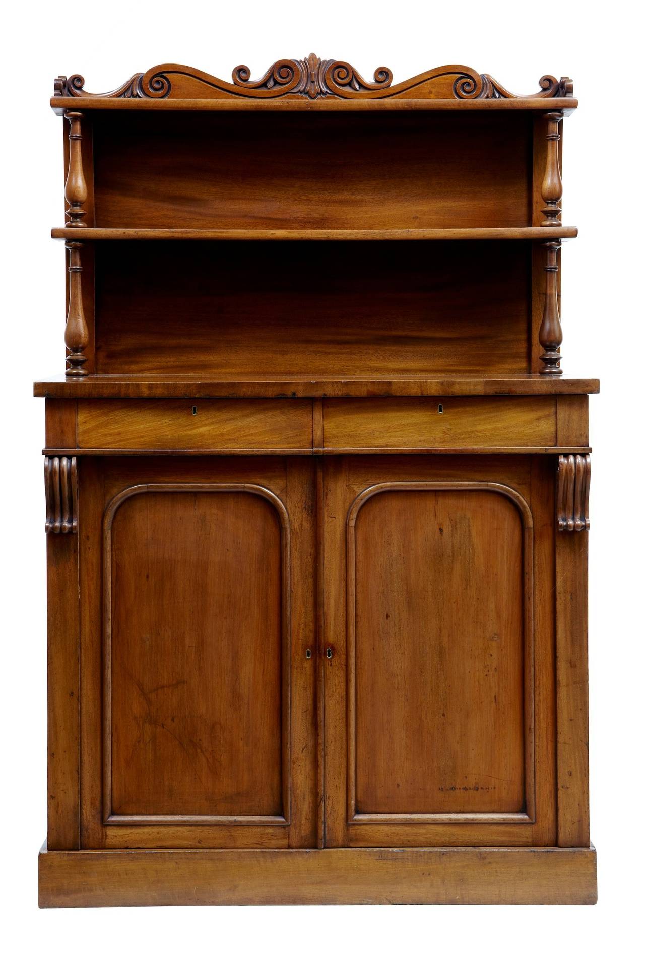 Good quality French mahogany chiffioner, circa 1840.

Rich in colour, featuring two shelves supported by turned supports. Two drawers above the double doors that open to reveal two shelves (one shallow).

Measures: Height 60 3/4