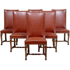 Antique Unusual Set Of 6 Walnut And Oak Art Deco Highback Dining Chairs