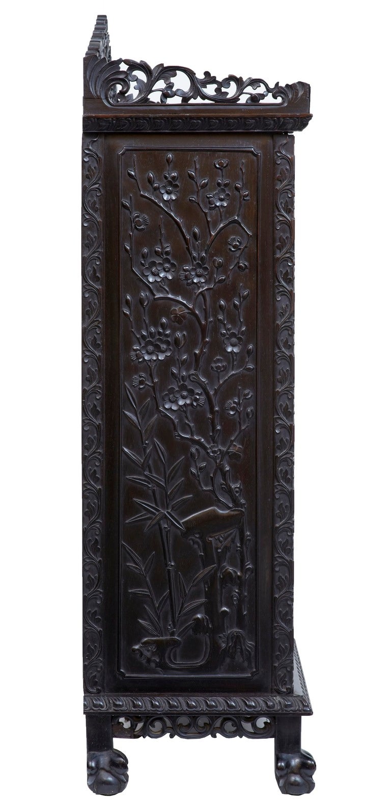 19th Century Antique Carved Chinese Hardwood Open Bookcase In Excellent Condition In Debenham, Suffolk