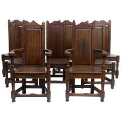 Vintage Set of 8+2 20th Century Gothic Oak Panel Back Dining Chairs