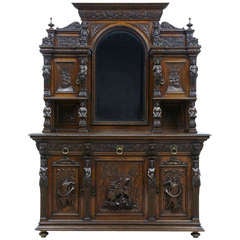 Antique 19th Century Profusely Carved Oak Buffet Sideboard