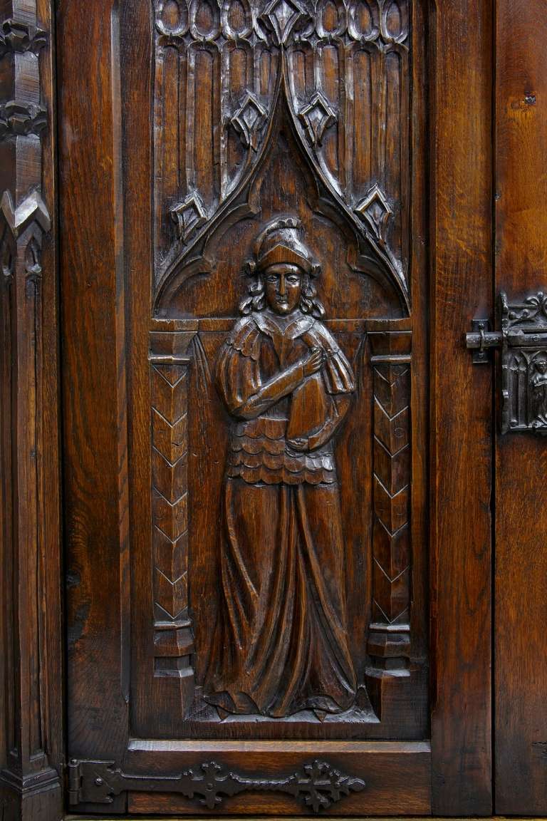 19th Century Carved Oak Gothic Revival Cupboard Cabinet 1
