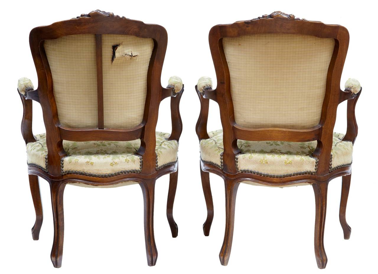 Louis XV Pair of 19th Century French Fauteuil Walnut Armchairs