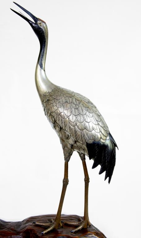 Pair Of 19th Century Silvered Bronze Japanese Cranes In Excellent Condition In Debenham, Suffolk