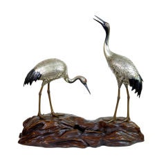 Pair Of 19th Century Silvered Bronze Japanese Cranes