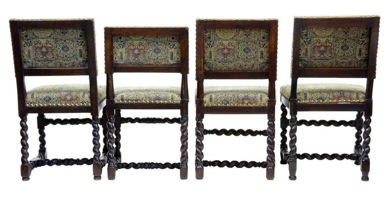 British Harlequin Set Of 12 19th Century Barley Twist Oak Dining Chairs