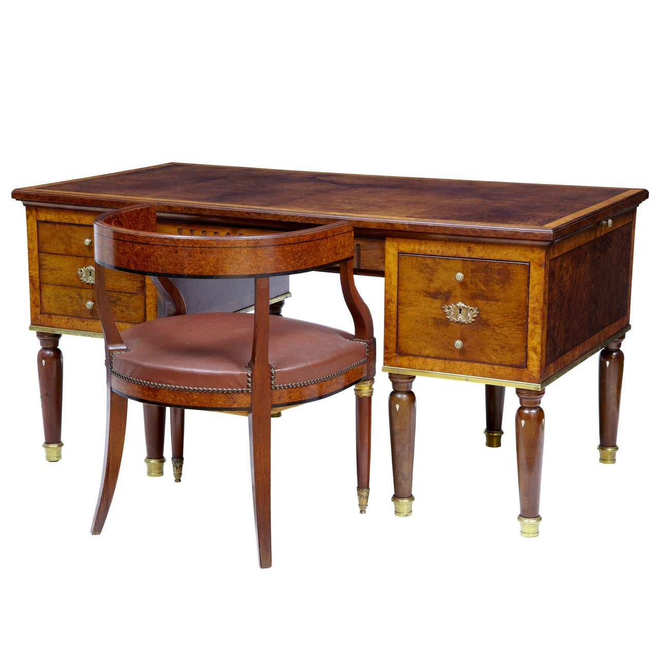 19th Century, French Amboyna Empire Desk Writing Table and Tub Chair Set