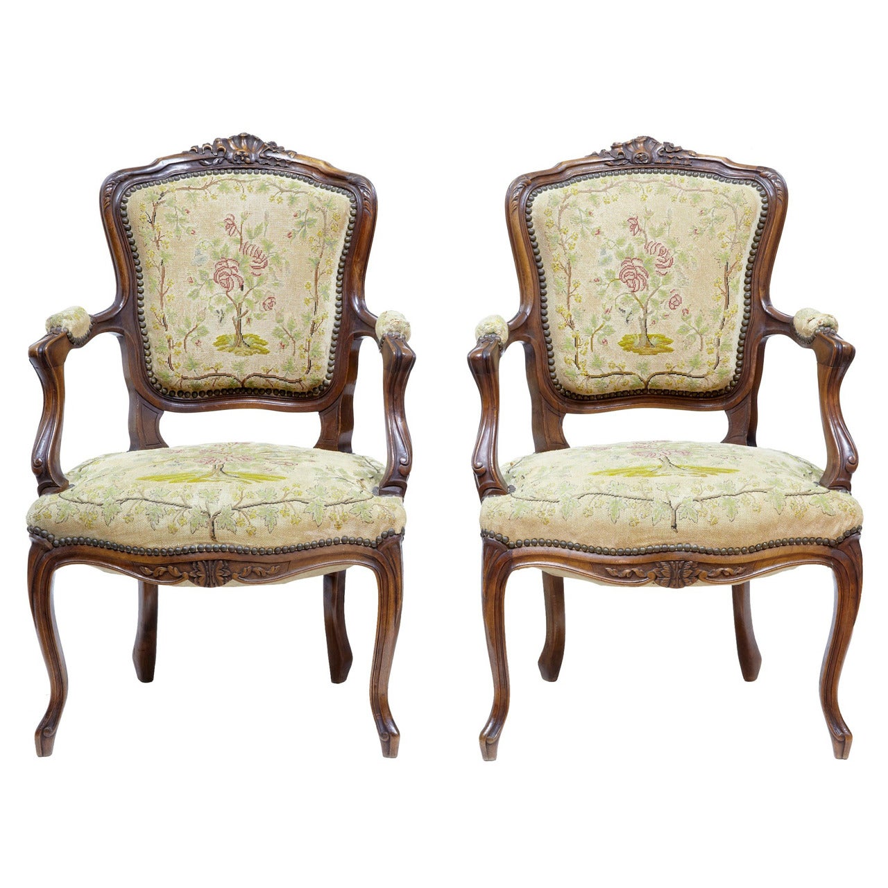 Pair of 19th Century French Fauteuil Walnut Armchairs
