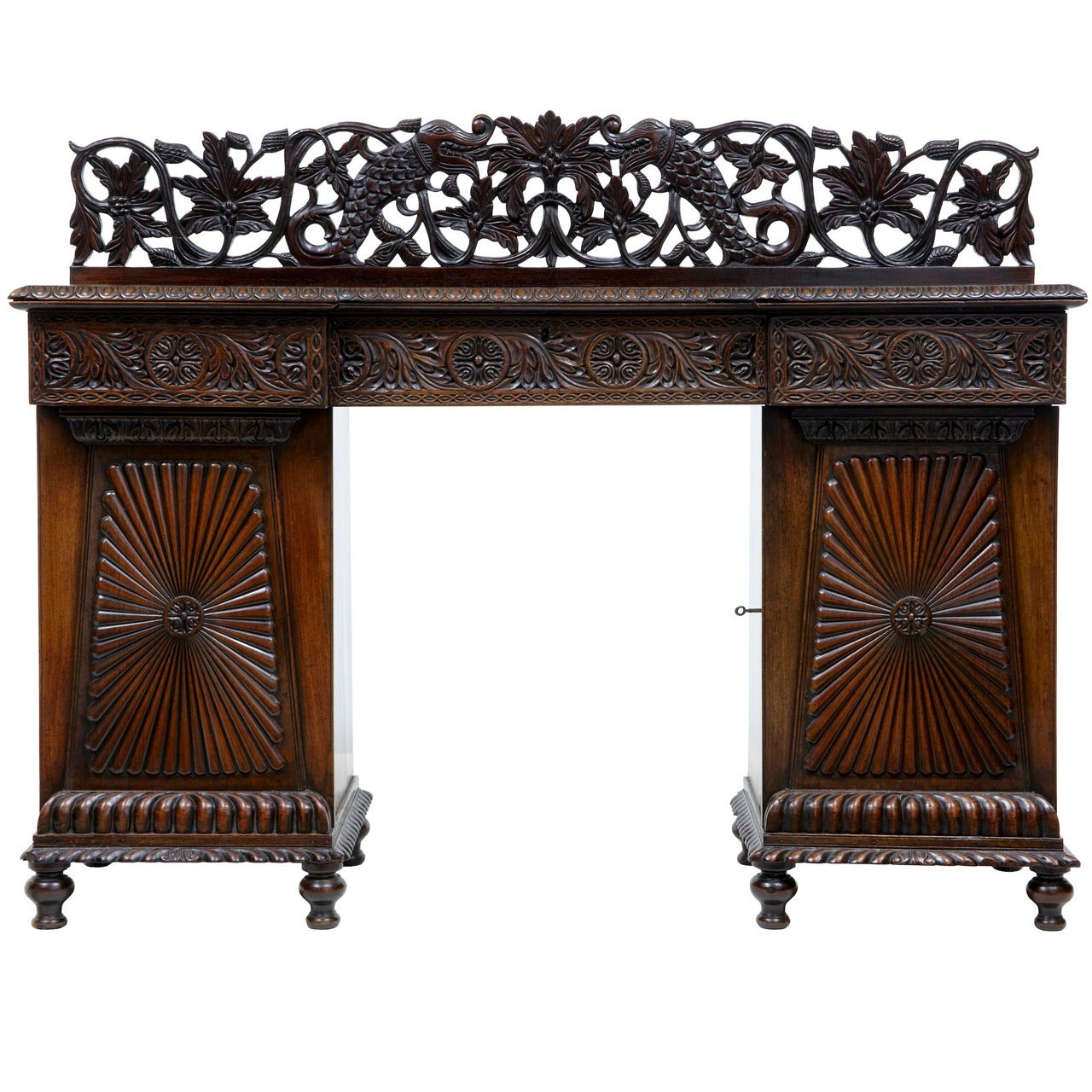 19th Century Carved Padouk Colonial Anglo Indian Sideboard Buffet