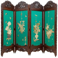 Early 20th Century Carved Hardwood Chinese 4 Panel Screen