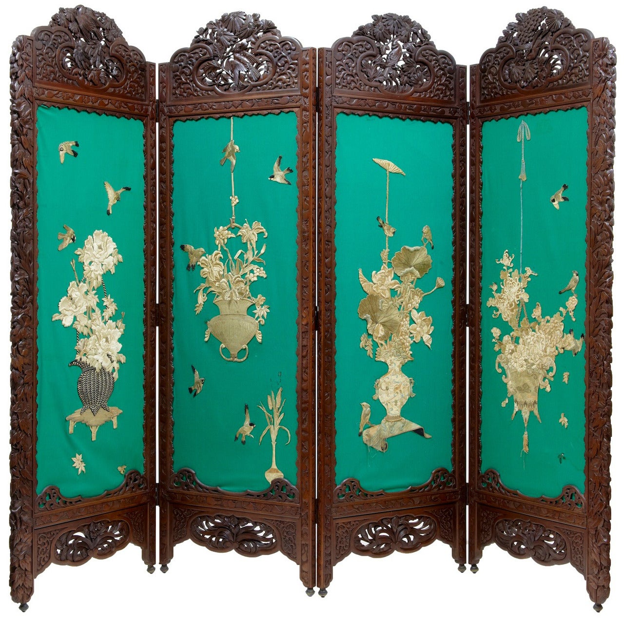 Early 20th Century Carved Hardwood Chinese 4 Panel Screen