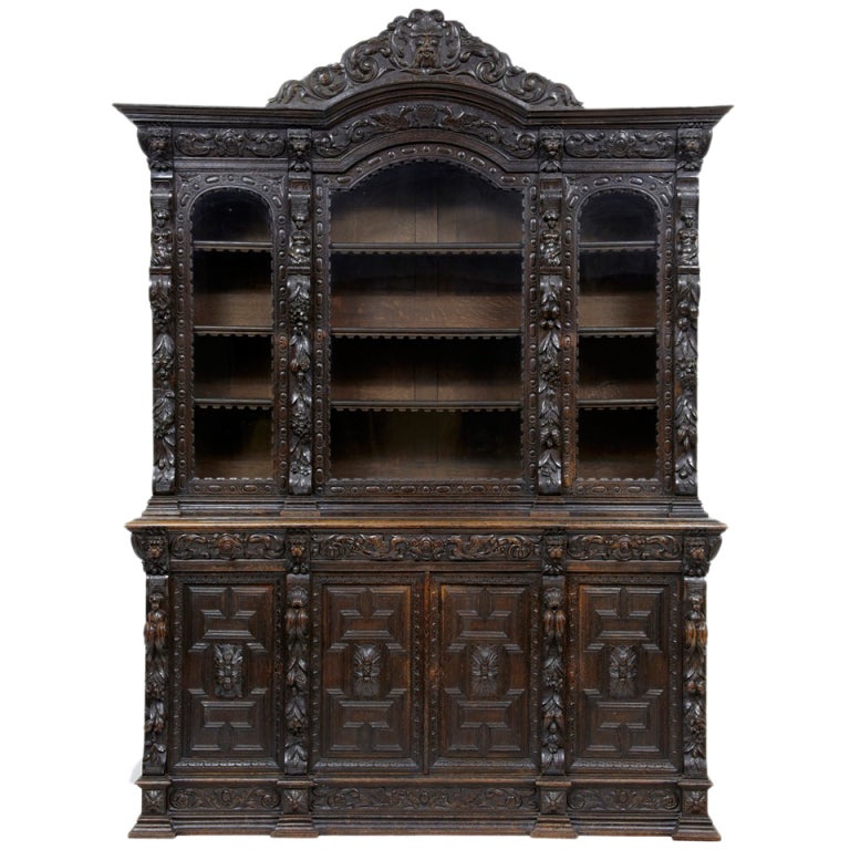 Massive Profusely Carved Oak Victorian Bookcase at 1stDibs