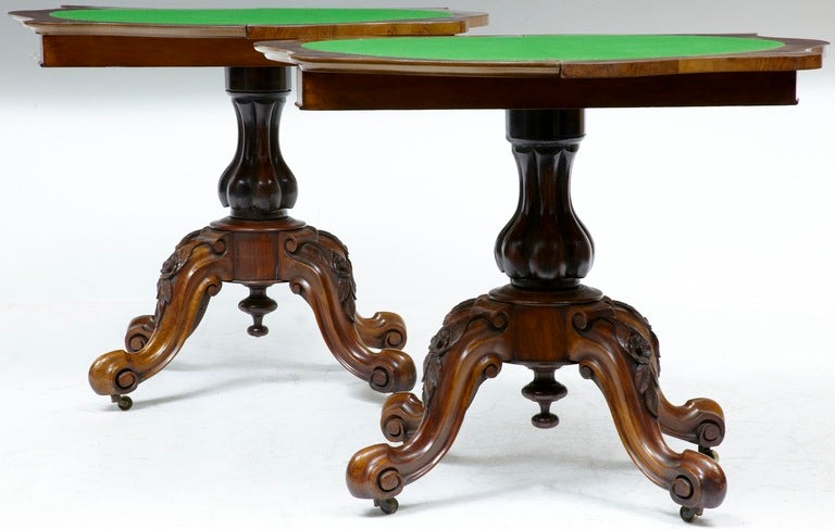 Pair Of 19th Century Victorian Serpentine Figured Walnut Card Tables