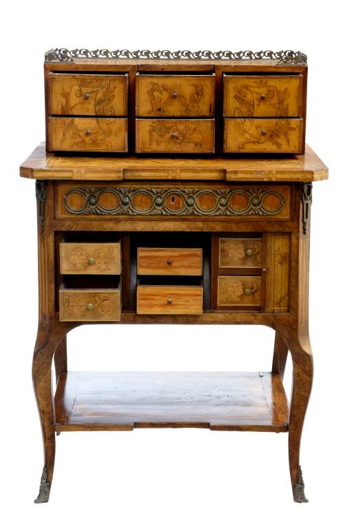 French Antique Bonheur Du Jour Marquetry Desk Table