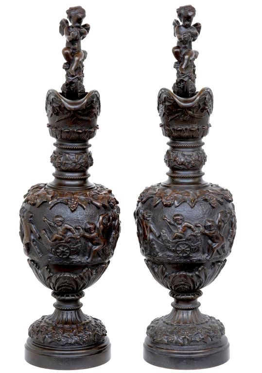 Pair Of Bronze Clodion Style Ewers Circa 1880