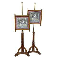 Antique Pair Of Oak Arts And Crafts Chinese Silk Pole Screens