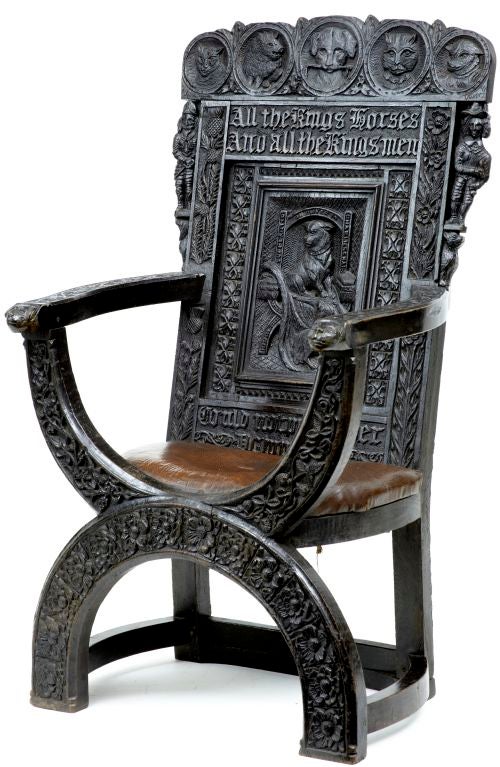 VICTORIAN ANTIQUE OAK WAINSCOT HEAVILY CARVED CHAIR<br />
<br />
WITH 17TH CENTURY CARVINGS, WITH THE NAME OF CHARLES II AND OLIVER CROMWELL CARVED IN TO THE BACK