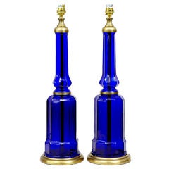 Vintage A Fine Pair Of Bristol Blue Glass Table Lamps