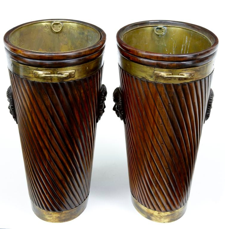 Pair Of Mahogany Irish Peat Buckets Lion Head Carved