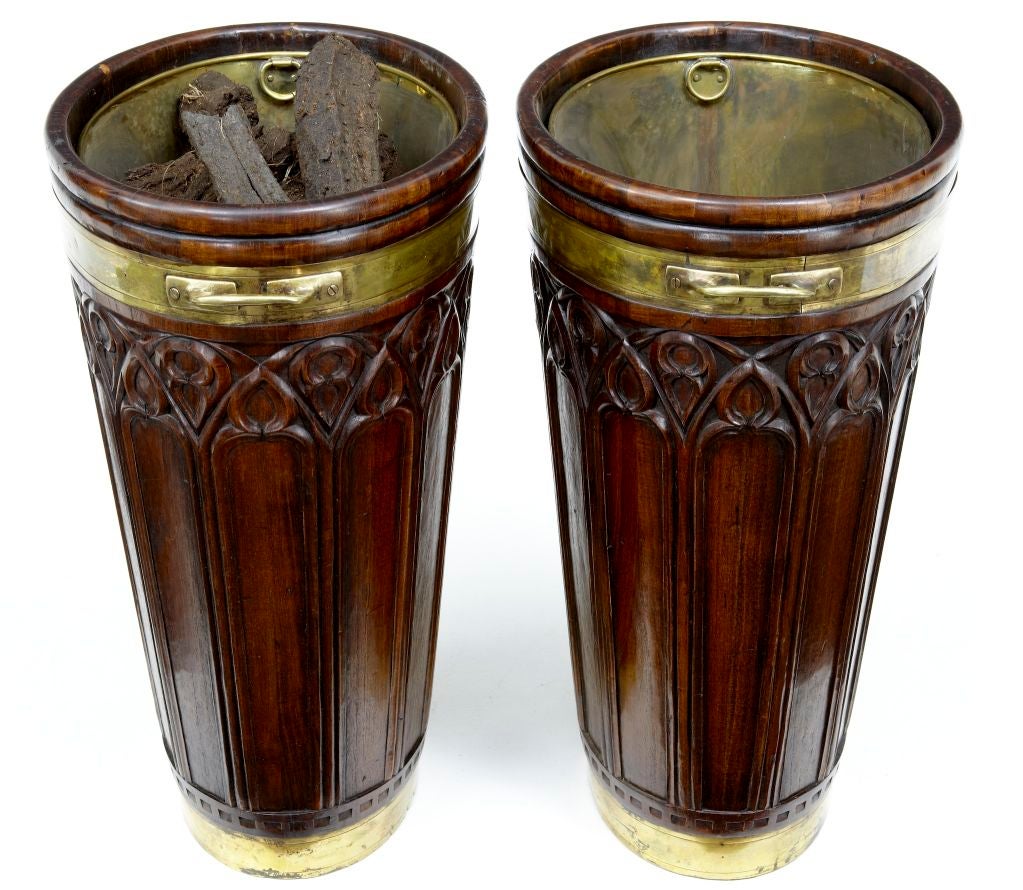 Pair Of Irish Mahognay Gothic Influenced Peat Buckets