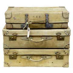 Set Of 3 Pig Skin Antique Suitcases Original Handles