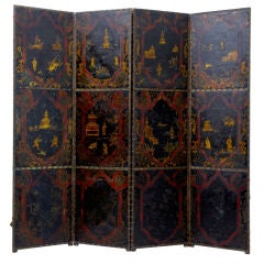 19th Century Leather Four Fold Chinese Screen