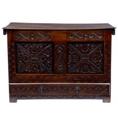 18th Century Antique Carved Oak Coffer With Drawer
