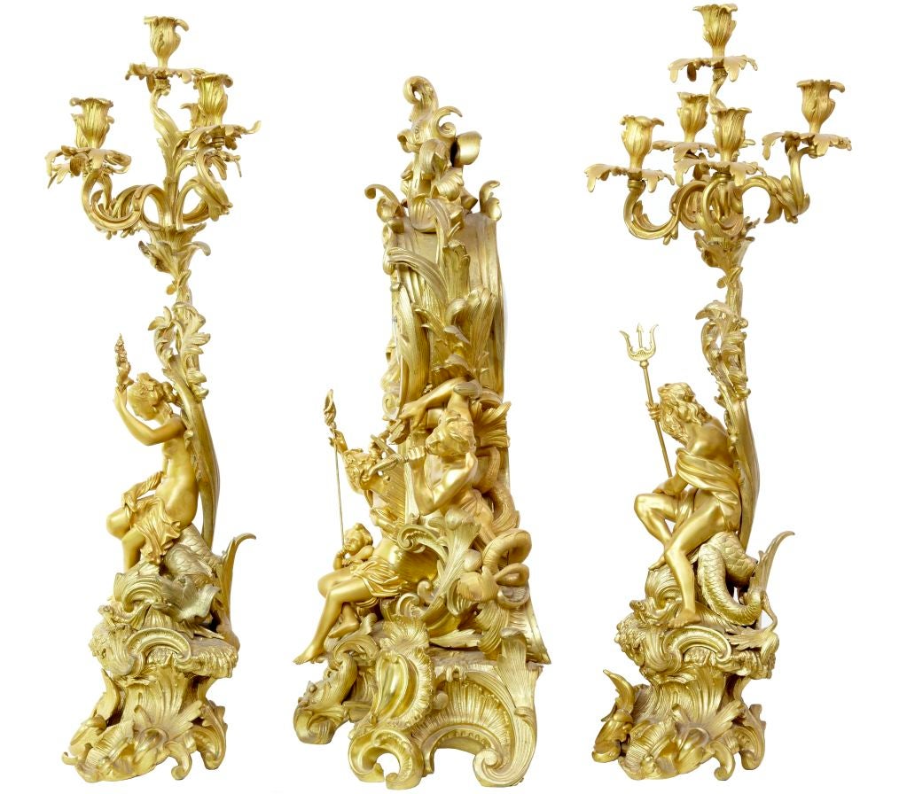 THE MOST STUNNING GARNITURE SET FEATURING SEA GODS<br />
<br />
CANDLEBRA MEAUREMENTS HEIGHT: 33 1/2