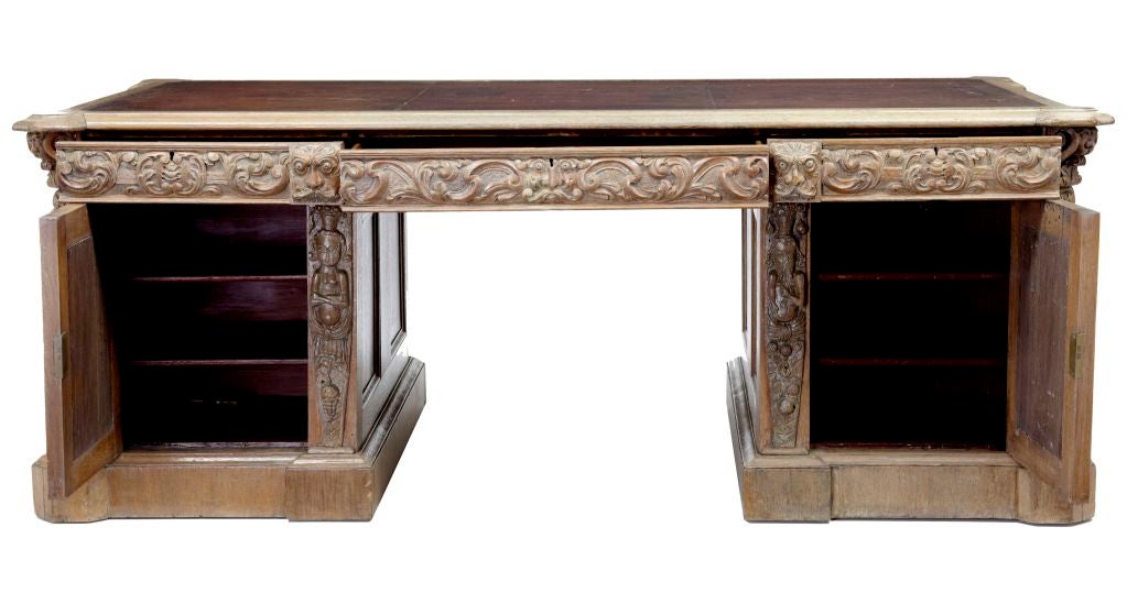 19th Century Antique English Carved Oak Partners Desk