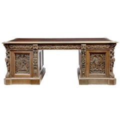 19th Century Antique English Carved Oak Partners Desk