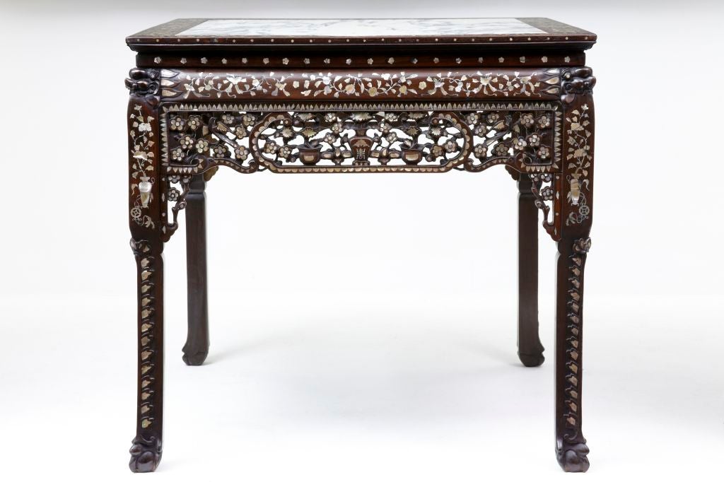 19TH CENTURY ANTIQUE CHINESE HARDWOOD AND MOTHER OF PEARL CENTRE TABLE<br />
<br />
BEAUTIFULLY INLAID WITH MOTHER OF PEARL, WITH ORIGINAL MARBLE TOP