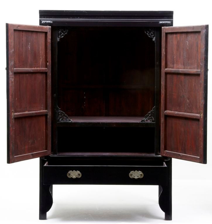 19th Century Antique Chinese Black Laquered Ornate Cabinet