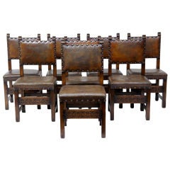 Set Of 8 19th Century Cromwellian Oak Leather Chairs