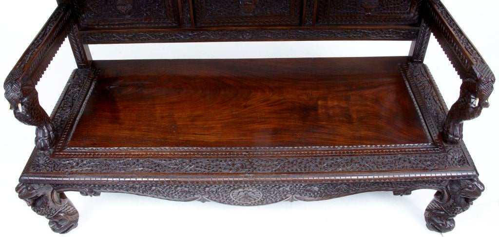 19th Century Anglo Indian Carved Rosewood Settle Bench 1