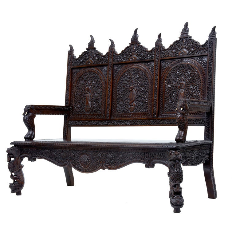 19th Century Anglo Indian Carved Rosewood Settle Bench