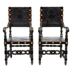 Pair Of Early 19th Century Oak Embossed Leather Armchairs