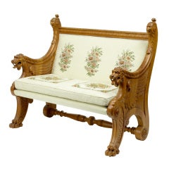 19th Century Antique Carved Oak Lionshead Bench Seat