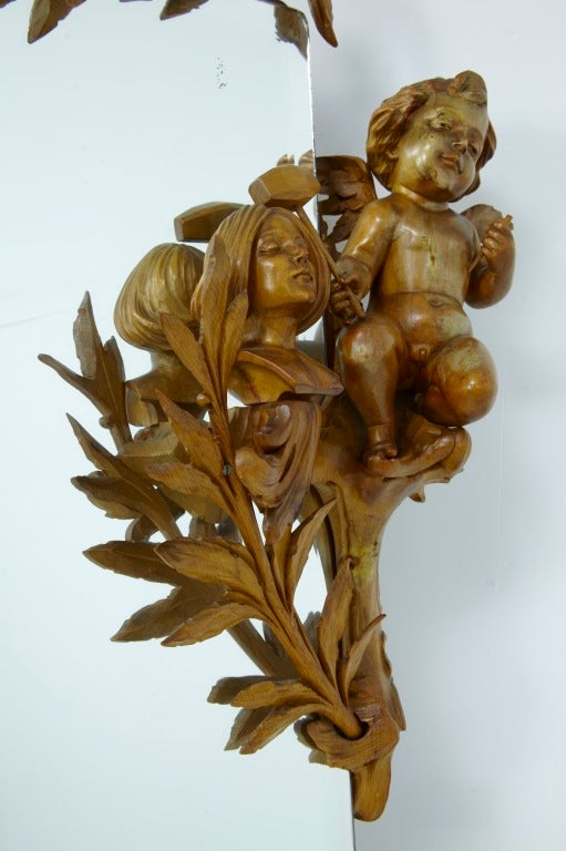 Baroque Revival Late 19th Century Antique Carved Wood Cherub Cheval Mirror