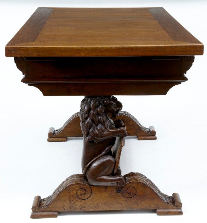 19th Century Antique French Oak Lionhead Refectory Table Desk 3