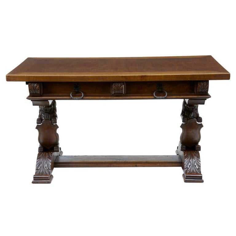 19th Century Antique French Oak Lionhead Refectory Table Desk