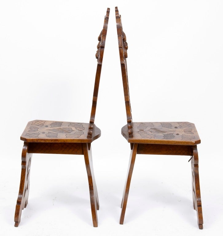Pair Of 19th Century Carved Antique German Hall Chairs