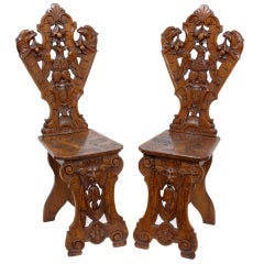 Pair Of 19th Century Carved Antique German Hall Chairs Pair Of 19th Century Carved Antique German Hall Chairs