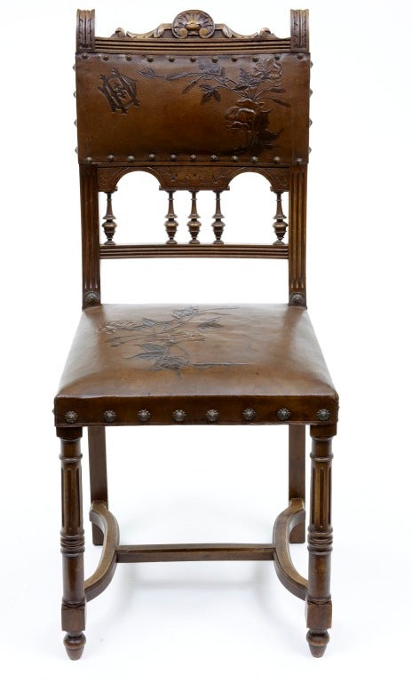 Set Of 12 19th Century Embossed Leather Walnut Dining Chairs