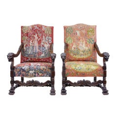 A Pair Of 19th Century Antique Walnut Tapestry Throne Armchairs