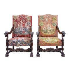 A Pair Of 19th Century Antique Walnut Tapestry Throne Armchairs