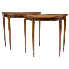 A Pair Of Small Demi Lune Satinwood And Ebony Console Tables