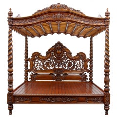 Vintage 20th Century Baroque Rococo Carved Walnut Four Poster Bed