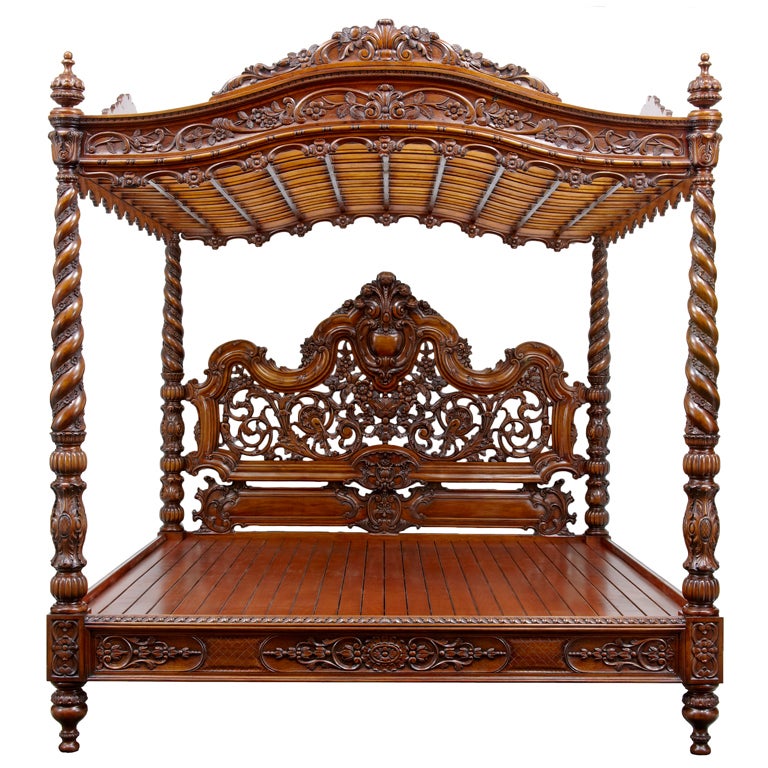20th Century Baroque Rococo Carved Walnut Four Poster Bed at 1stDibs